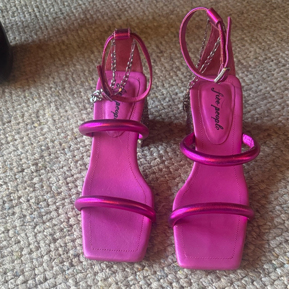 Free People Metallic Hot Pink Strappy Square-Toe Heels